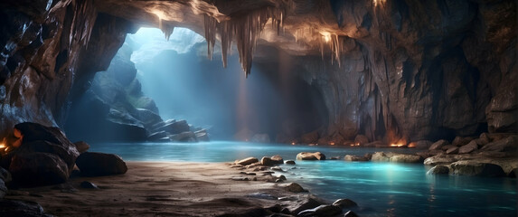 An enchanting image of a cave illuminated by a magical blue light that creates a serene and mysterious atmosphere
