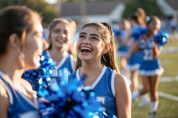 Cheerleading, team coaching, and outdoor exercise, training, and warm-up for groups. Female athlete and trainer compete, perform, and motivate with cheerleading pompom.
