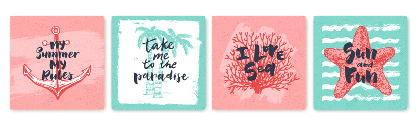Set of summer exotic backgrounds, stickers, prints with lettering, phrases. Palms, sea star, anchor, corals, sea waves. Grunge retro textures. Design for apparel, card, poster.