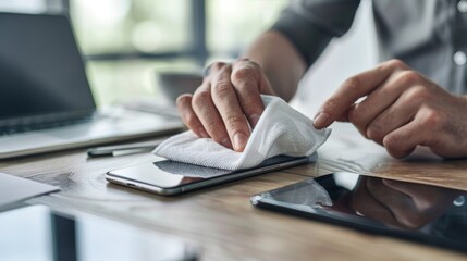 Obraz premium Closeup of man wiping his phone with a tissue to prevent office germs. Technology, hands, and man wiping cellphone screen for workplace hygiene, health, and wellness