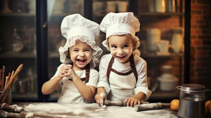 Laughing little girls cook homemade pastry at table covered with flour in home kitchen