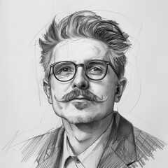 Classic Charm: Rough Sketch Portrait of Stylish Man with Moustache and Glasses