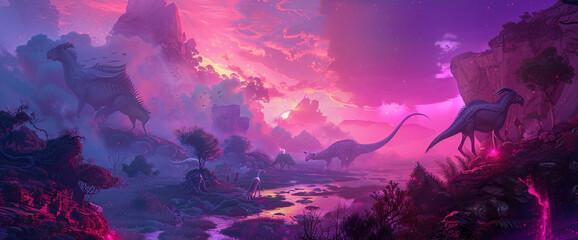 Produce an AI-generated fantasy landscape with mythical creatures roaming against a backdrop of a vibrant sunset gradient background, merging hues of pink and deep purples, igniting the imagination.