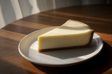 A pristine and smooth piece of cheesecake served on a white plate - obrazy, fototapety, plakaty