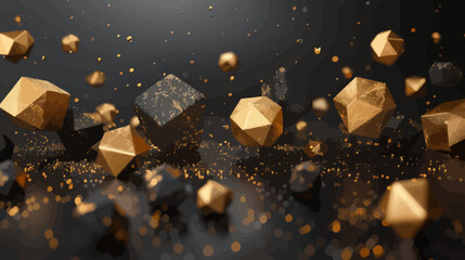 a group of gold and black cubes on a black surface