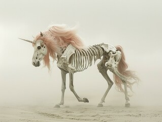 A skeleton of a unicorn with pink hair running through the sand. Generative AI.