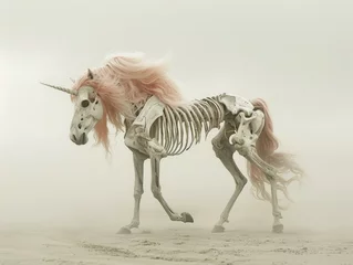 Wandcirkels Eenhoorn A skeleton of a unicorn with pink hair running through the sand. Generative AI.  © Natalia