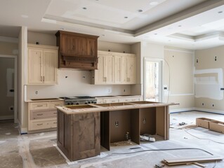 A kitchen with a counter and cabinets in the middle of it. Generative AI.