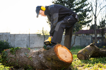 A man in uniform cuts an old tree in the yard with an electric saw.