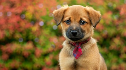 A small brown dog wearing a red tie sitting in front of bushes. AI.