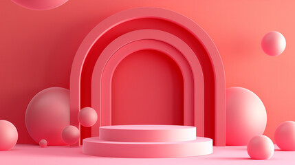 Chic Deep Flamingo Pink Showcase: Playful Stage Design with Geometric Shapes and Frames for Product Display