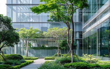 Green Business Architecture: Modern Glass Building with Abundant Plant Life