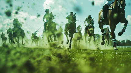 Polo field with vibrant green particles swirling against a blurred backdrop, capturing the speed and agility of polo ponies thundering across the field.