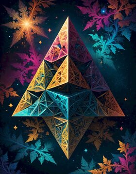 Sierpinski triangle, luminous geometric spectacle in a cascade of colors, Generative AI.