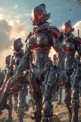 Fototapeta premium A squad of four soldiers in futuristic armor standing on a rocky moon