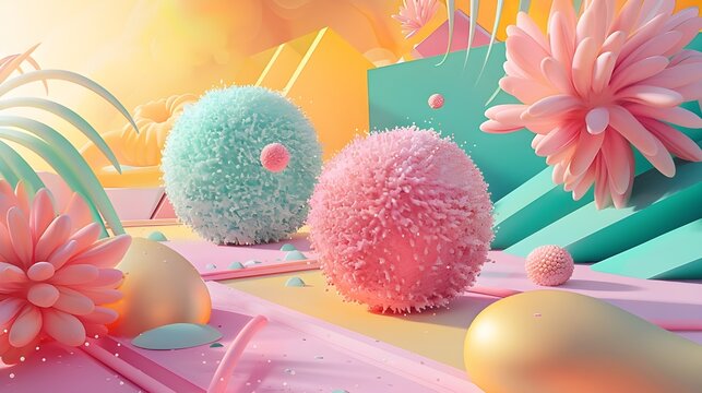 Soft fluffy puffy and squishy balls on 3d scene 