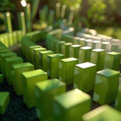 Fototapeta premium Create an abstract 3D render of a city made of simple geometric shapes. The color scheme should be green and white. The city should be surrounded by a lush green landscape.
