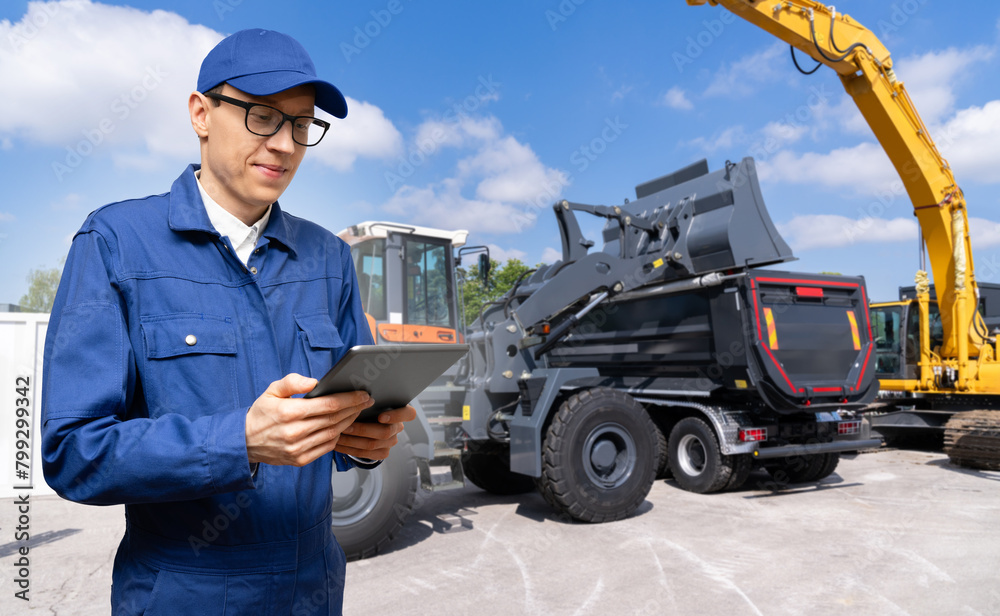 Poster Engineer with a digital tablet on the background of construction machines