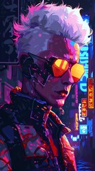 Create a stunning cyberpunk character design with a detailed and colorful background