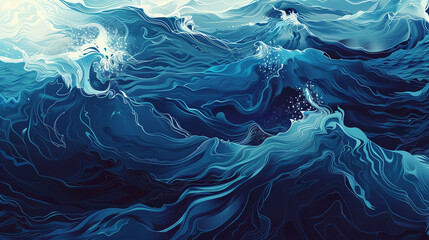 Produce an AI illustration that captures the essence of oceanic dynamism, with gradients of azure to deep navy portraying the rhythmic motion and vitality of waves in constant flux.