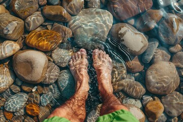 A closeup of feet in the water, with sand and stones