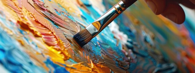 A closeup of an artists hand holding a paintbrush, painting on canvas with vibrant colors with thick texture