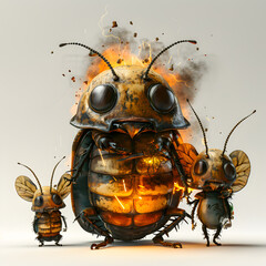 A 3D animated cartoon render of a brave cockroach saving a family from a fire.