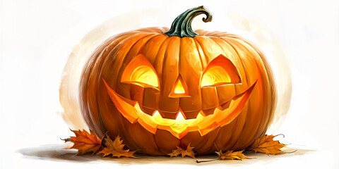 A Halloween-themed illustration of a carved pumpkin with a smiling face, surrounded by fallen leaves on the ground.