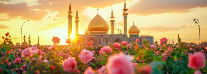 A serene sunrise over the sacred mosque of Karbala, with pink roses in full bloom and golden domes glowing under soft morning light