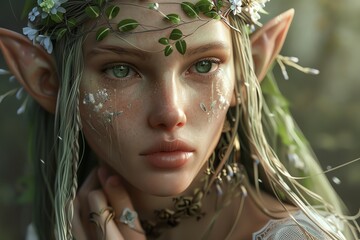 Enhance details, a photo of a beautiful elven woman with long green hair and emerald eyes