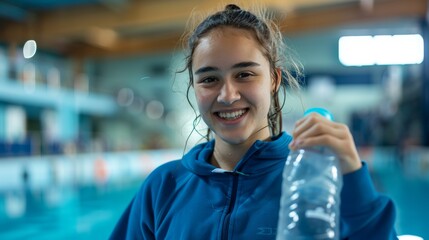 Swimming, cheerful woman drinking water to rest after workout or break. Hydration, athletic fitness, happy girl, motivation, or liquid bottle