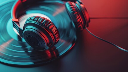 Naklejka premium Audiobook Mockup, headphones left side, vinyl right side, cinematic lighting