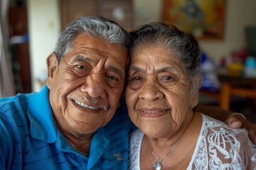 Happy weekend selfie of a senior couple interacting at their modern home. Smile, love, and face of retired Mexican couple taking a picture at home.