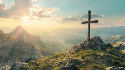 Christian cross, mountain, holy light on hill, landscape or environment for Jesus' resurrection on...