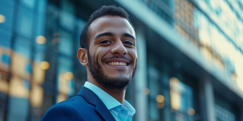 Fototapeta premium Happy, face, young city businessman with pleasant, good, and confident legal career attitude. Mexican guy lawyer in metropolitan town smiles, proudly poses.