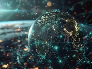 Obraz premium Global communication technology linking businesses worldwide through advanced telecommunication networks. Ideal for discussions on internet technology, business, and science.