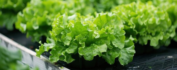In the greenhouse, green lettuce is growing on black plastic sheeting and they look fresh and vibrant.