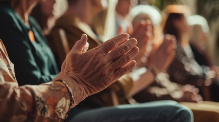 Obraz premium Convention room audience, clapping, conference, crowd, workshop, training, and incentive. Closeup, achievements, goals, support meeting, inspiration, community event