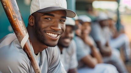 Baseball, sports, and face with a man holding a bat in a dugout with teammates. Image of a joyful,...