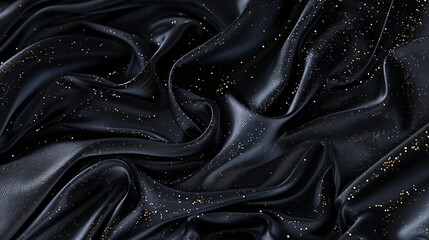 Produce an AI artwork capturing abstract silk in midnight black tones, embellished with shimmering glitters creating a captivating backdrop.