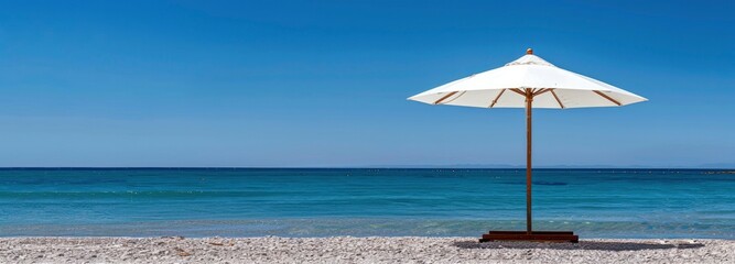 A white, beige wood garden umbrella with a wooden frame on the beach, blue sky and sea in the background, summer vibes.