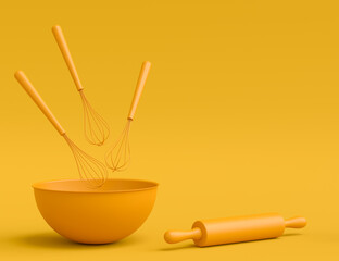 Wooden kitchen utensils, tools and equipment on yellow monochrome background.