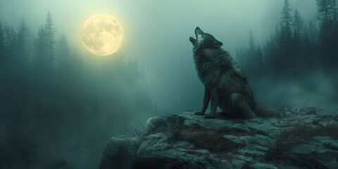 wolf howls at full moon on top of mountain in forest in fog at night