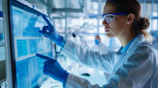 Doctor, researcher, or black woman using computer for DNA, medical, or medicine data processing in science lab. Health scientist, nurse, innovator, or covid virus researcher - Powered by Adobe