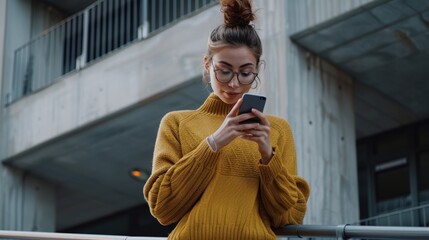 Fototapeta premium Woman, phone and texting at workplace, thinking and calm while searching and reading online. Asian lady company entrepreneur in Japan with smartphone for research, office space, or idea.