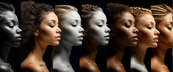 Art piece representing the progression of skin tones among diverse women with a minimalist backdrop - Powered by Adobe