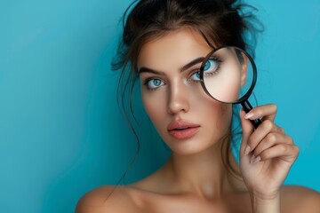 Fototapeta premium Magnifying glass, woman, and face for dermatology, laser cosmetics, and skincare analysis in studio. Face magnifier, female model, aesthetics, health check pores for acne scars