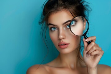 Magnifying glass, woman, and face for dermatology, laser cosmetics, and skincare analysis in studio. Face magnifier, female model, aesthetics, health check pores for acne scars