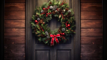 Fototapeta na wymiar Rustic Christmas wreath hanging on an ornate wooden front door, detailed textures visible, high-resolution portrait for holiday decor