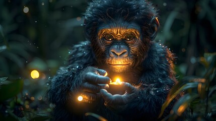 Playful Baby Gorilla Holding Glowing Ethereal Nightblade Under Moonlit Forest Foliage